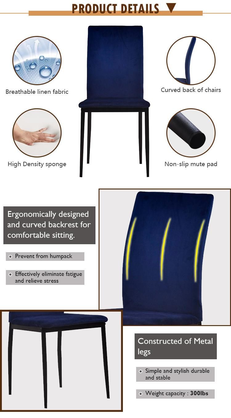 Modern Style Restaurant Furniture Metal Frame Legs Navy Blue Fabric Dining Chair