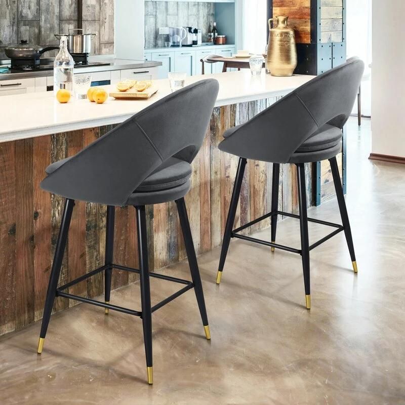 Modern Grey Upholstered Pub Home Kitchen Velvet Fabric Fixed Seat Round High Bar Chair Stool with Back Rest