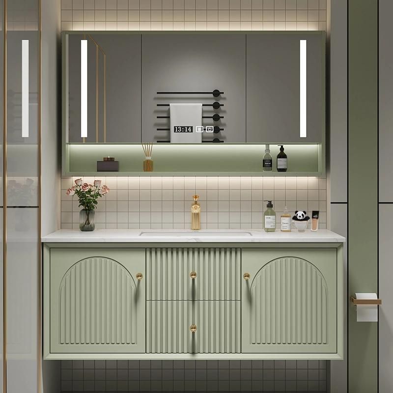 Ice Cream Color Modern Melamine Plywood Wall Mounted Bathroom Vanity with Mirror Cabinet