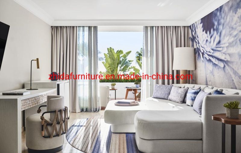 Modern Sea Side Hotel Living Room Furniture Apartment Bedroom Villa King Size Bed with Rattan Headboard Fabric L Shape Sofa Set for Sale