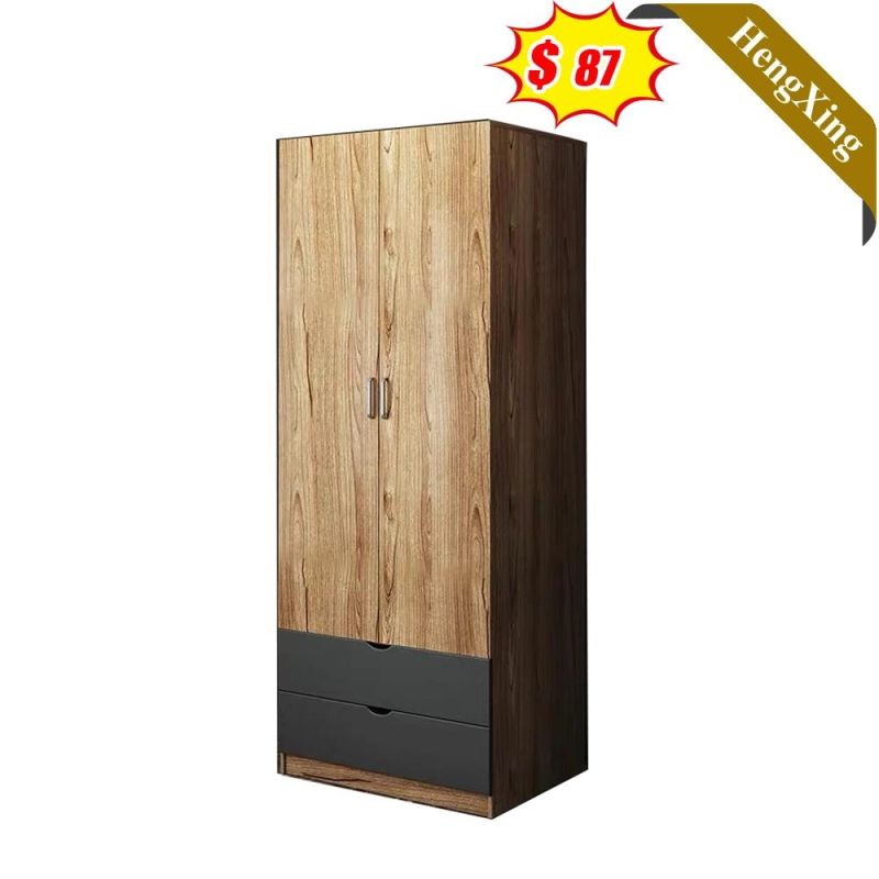 Log Color Modern Style Factory Customized Bedroom Furniture Wooden Lockable 2-Door Wardrobe with 2 Drawers