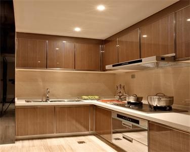 Customized High End L Shaped Flat Wood Veneer Kitchen Cabinet