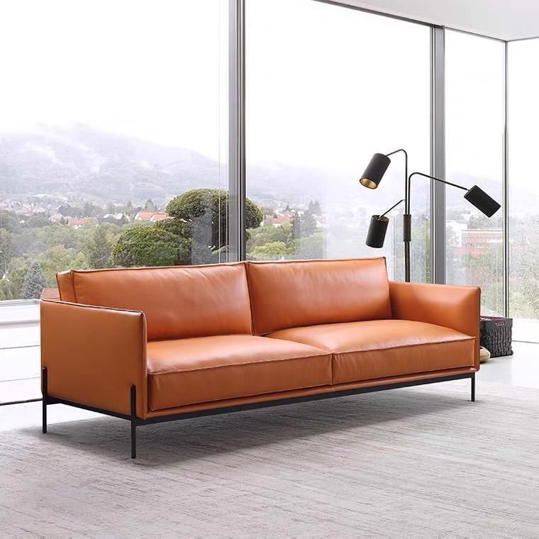 American Style Living Room Furniture High Quality 2 Seaters Orange Leather Sofa Couch with Black Powder Coating Legs