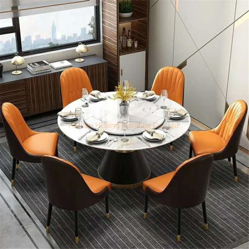 Living Room Furniture Outdoor Table Marble Top 1+6 Set White Round Stainless Steel Dining Table Set with Leather Chair for Wedding Banquet