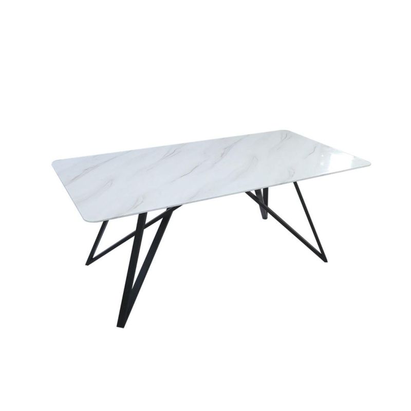 Modern Furniture Tempered Glass Marble Effect Dining Table with Coated Steel Tube Leg