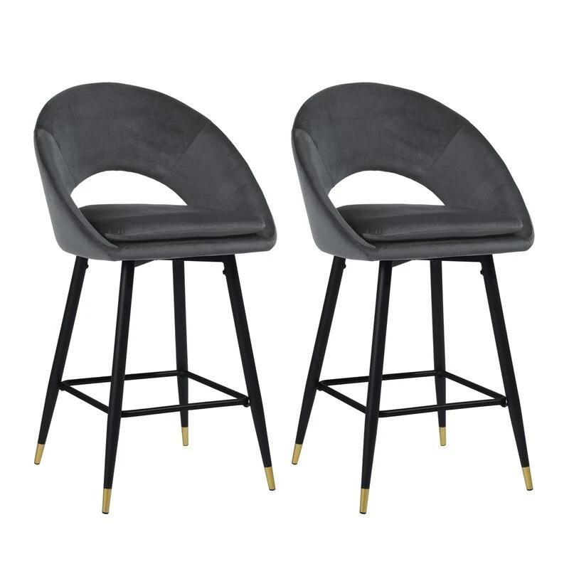 Modern Grey Upholstered Pub Home Kitchen Velvet Fabric Fixed Seat Round High Bar Chair Stool with Back Rest