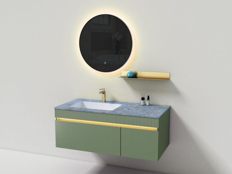 New Design Dark Blue Melamine Bathroom Cabinet Vanity with LED Round Mirror Bathroom Furniture