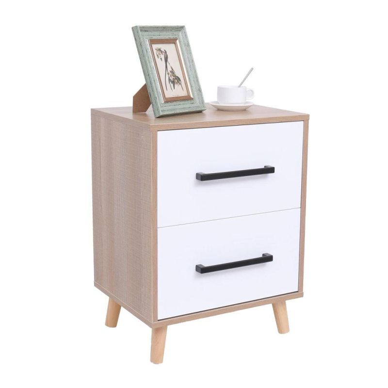 Table with 2 Drawer, Bedside Table with Solid Wood Legs, Modern Storage Cabinet for Bedroom Living Room Furniture