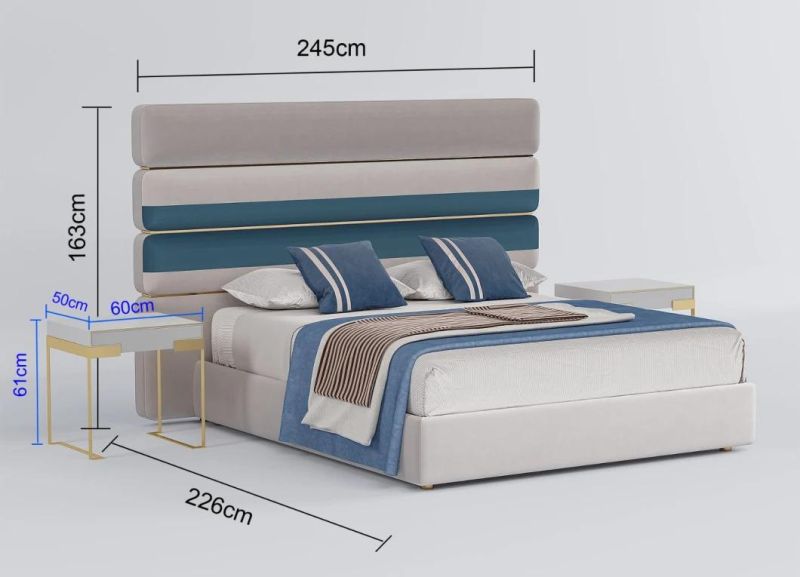 New Hot Sale Modern Home Hotel Bedroom Furniture Set Leisure Fabric King Size Bed with Velvet Nightstand