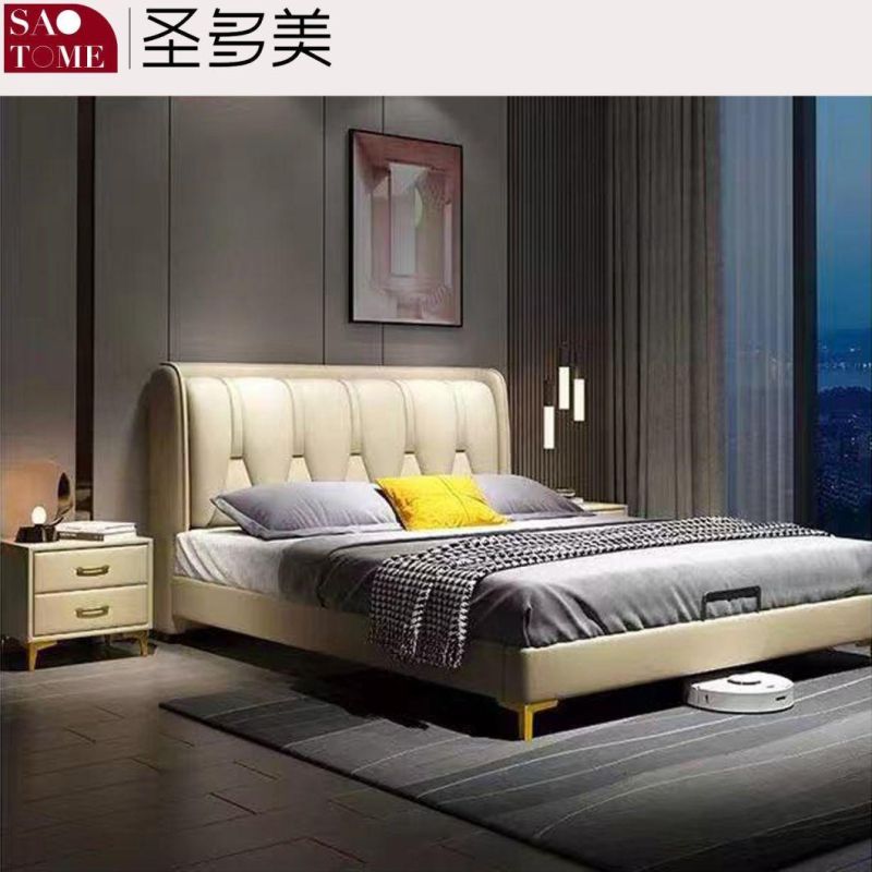 Hotel Home Furniture Champagne Leather Steel Wood Solid Wood Frame Double King Bed