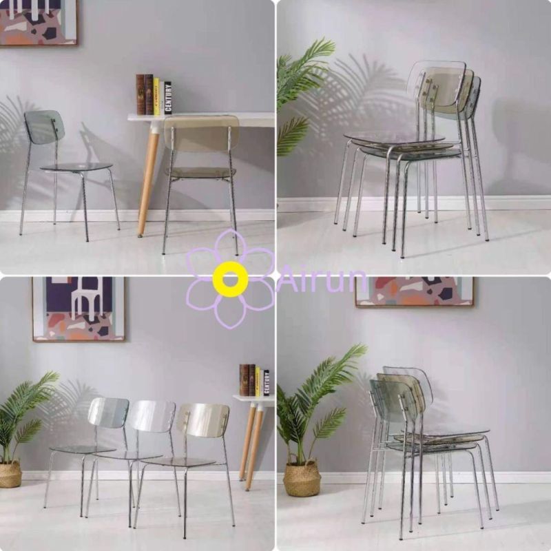 Wholesale Modern Luxury New Design Armless Acrylic Dinning Room Chair Stackable Transparent PC Dining Chairs with Chromed Legs