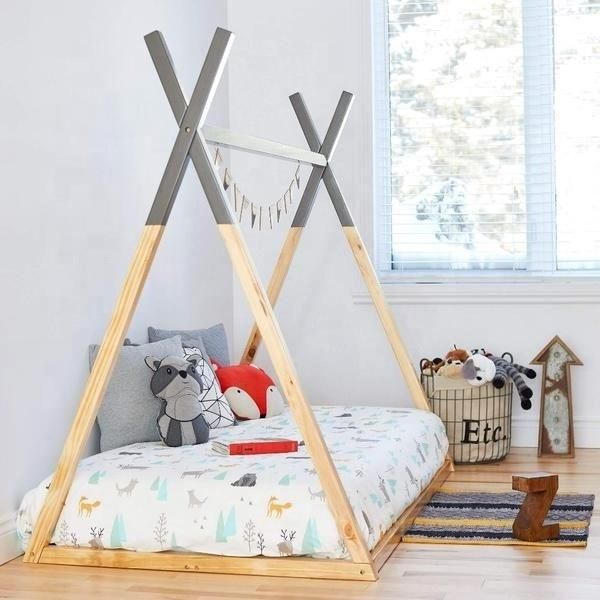 2020 Popular Modern Children Bedroom Furniture Natural Toddler House Bed Montessori Floor Bed Wooden Teepee Bed