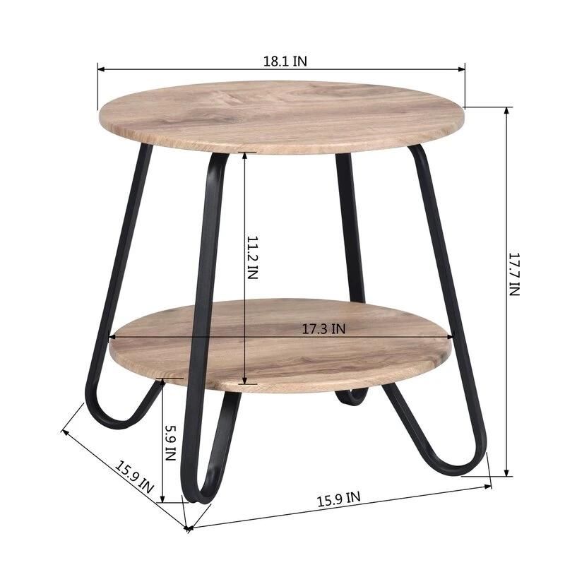 Living Room Furniture MDF Top Oak Veneer Sofa End Bedside Round Table Modern Metal Tube Leg 2 Layer Coffee Table for Sale