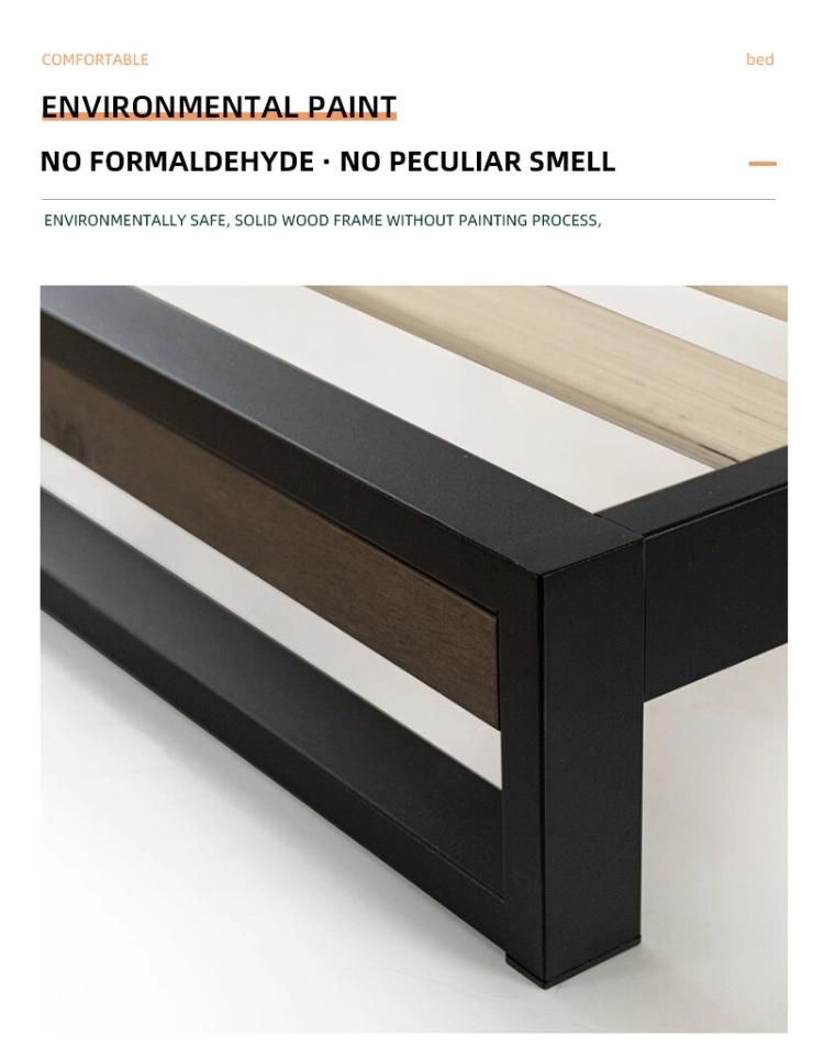 Modern Hotel Wooden Furniture Iron Frame Soild Wood Double Bed