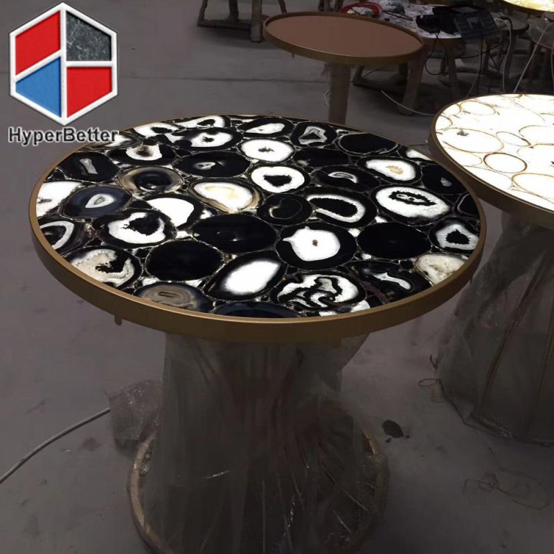 Blue Agate Coffee Tables Round with LED Light Inside