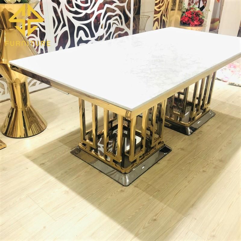 Sawa Modern Luxury Golden Stainless Steel Frame Marble Top Wedding Banquet Dining Table for Hotel Event Used