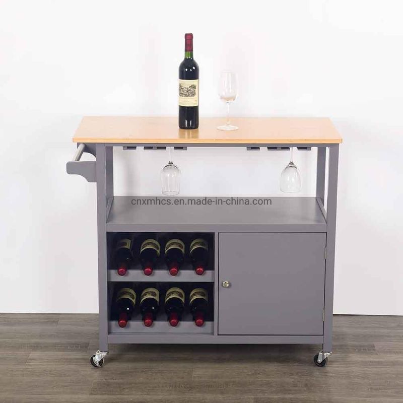 Bamboo Kitchen Island Cart, Small Rolling Island with Open Storage Shelf and Door, Wooden Trolley, Storage Cabinet, Home Wine Rack