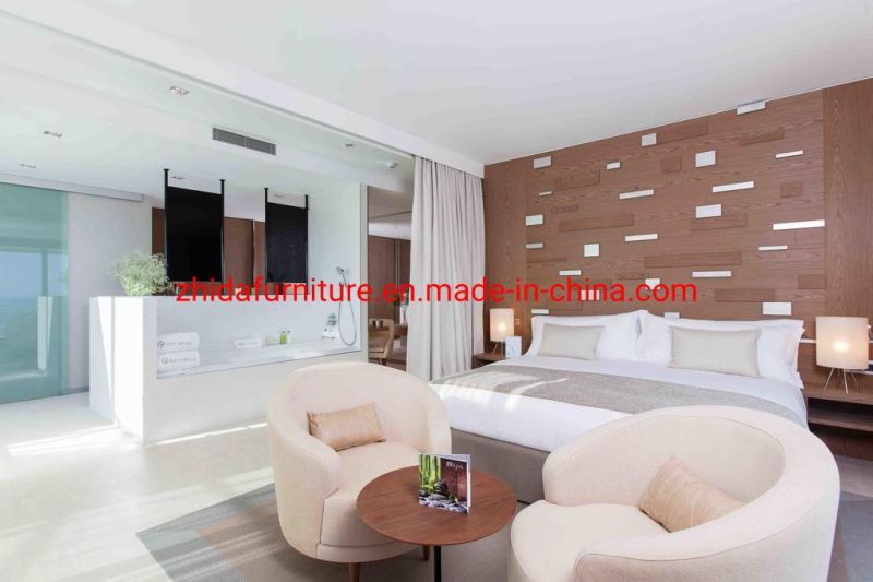 Luxury Apartment Room Modern Five Star Hotel Furniture Villa Living Room Bedroom Wooden King Size Bed with Stool