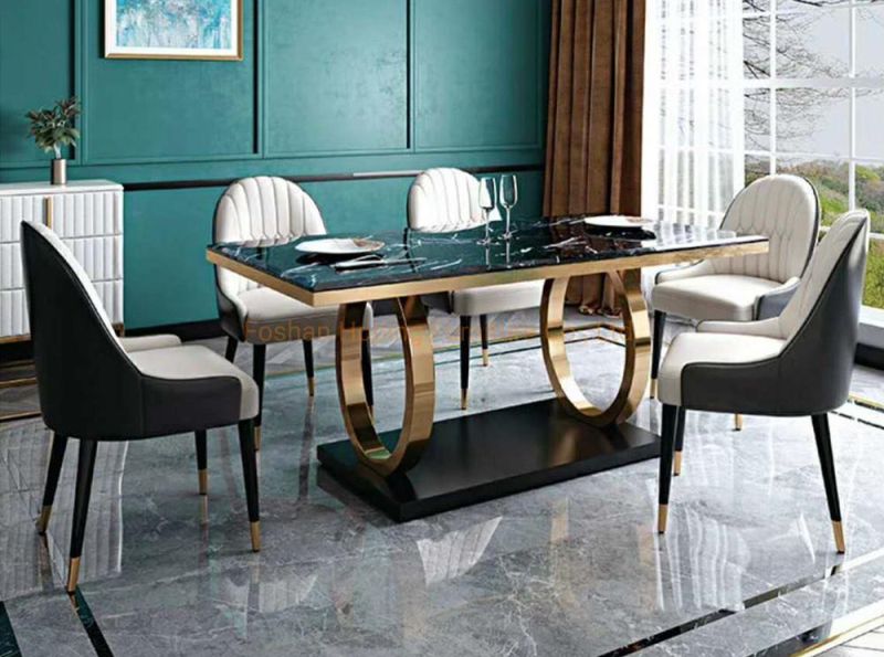 Modern Living Room Rectangle Marble Top 1+8 Seats White Square Dining Table Set with Leather Chair