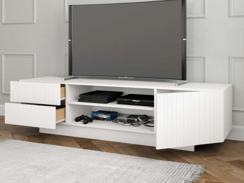 White 72-Inch TV Stand, White Matte Lacquer and White Melamine