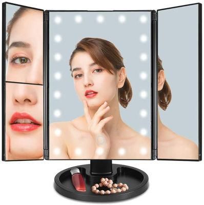 Pritech OEM Customized 21 LED Light USB Charge Battery Powered Folding Cosmetic Makeup Mirror