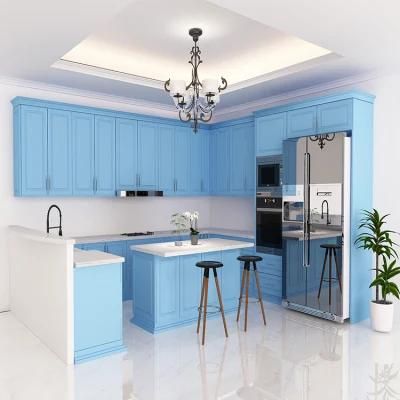 Modern Furniture Small PVC Solid Wood Kitchen Cabinets Blue Design Home Modular Wall Mounted Wooden Kitchen Cabinet