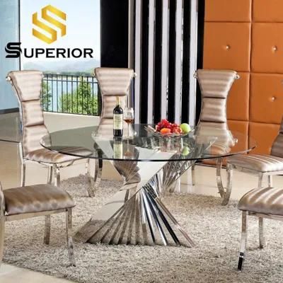 Glass Top Silver Frame Dining Table with 6 Chairs Sets