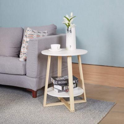 Round Sofa Side End Table with 2-Tier Storage, White Sofa Small Side Table for Home Office Living Room Bedroom Furniture