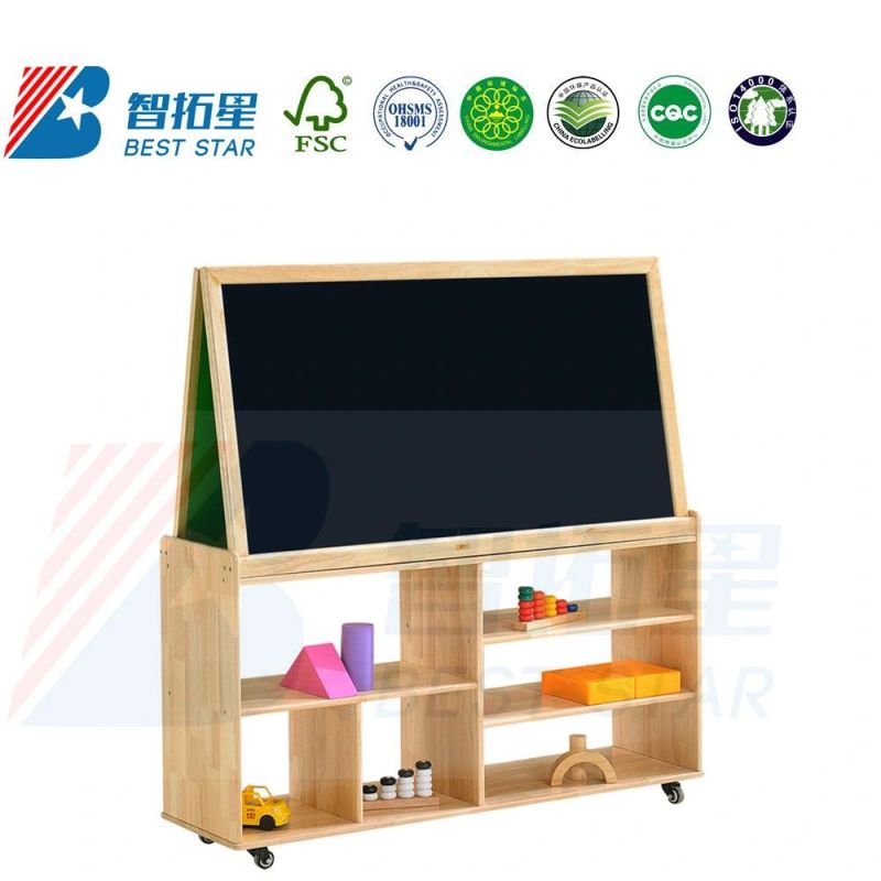 Kindergarten, Preschool, Day Care Center and Nursery School Multi-Function Double-Side Movable Wood Easel with Cabinet