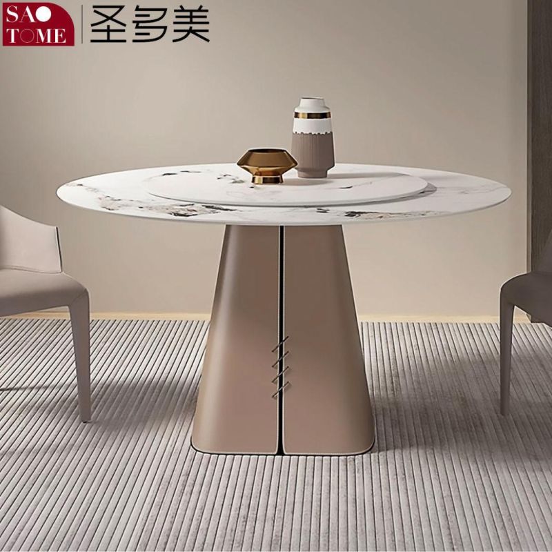 Modern Living Room Rock Board Furniture Saddle Leather Decorative Round Dining Table