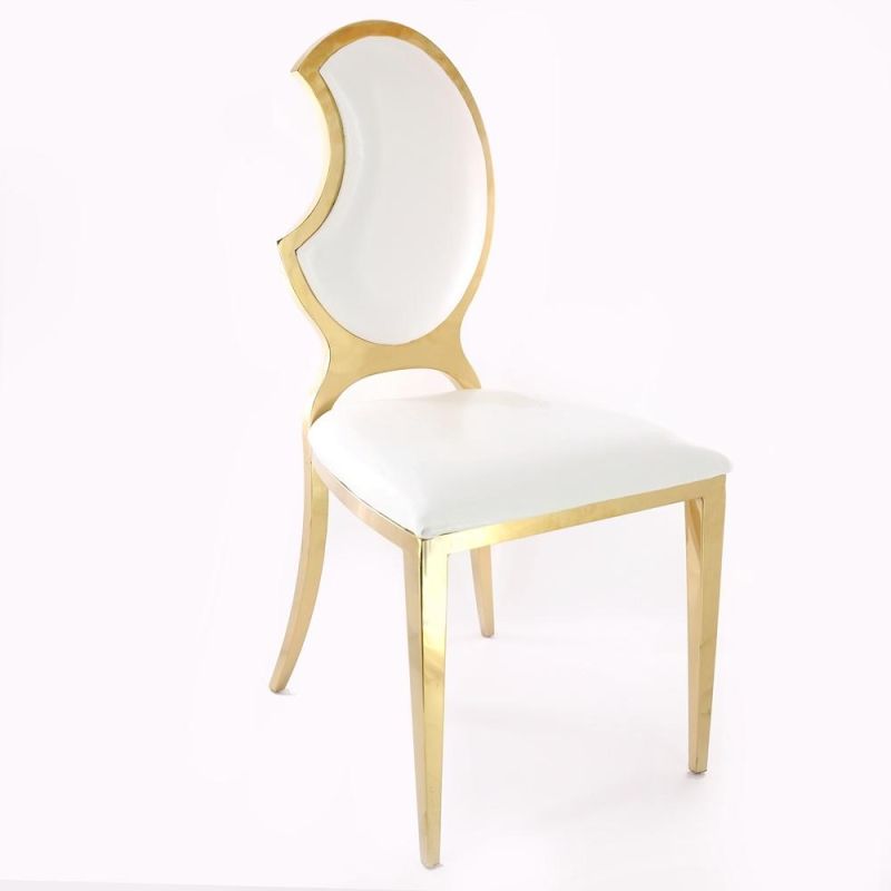 Apple Back Stainless Steel Stackable Gold Banquet Chairs with White Cushion Living Room Chairs