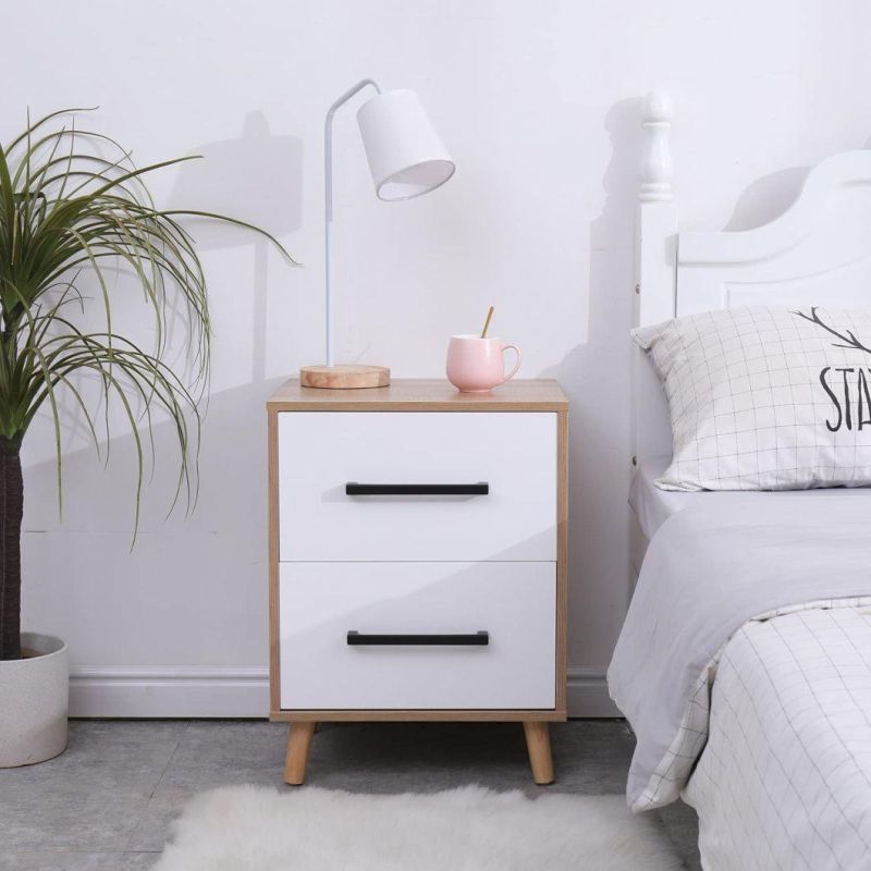 End Side Table with 2 Drawer, Bedside Table with Solid Wood Legs, Modern Storage Cabinet for Bedroom Living Room Furniture