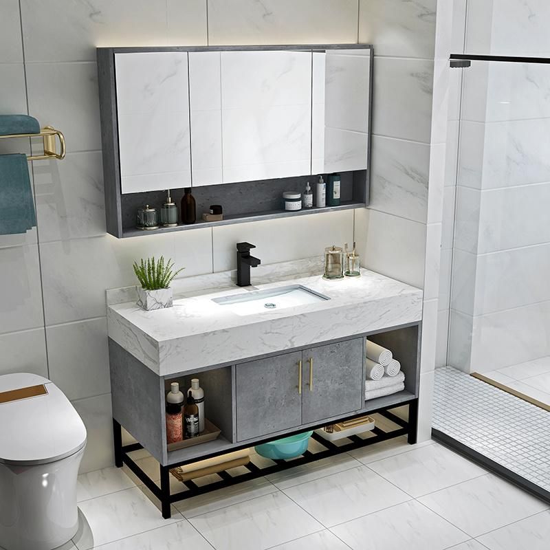 Modern Gray Bathroom Cabinet, LED Mirror Floor Mounted Bathroom Vanities