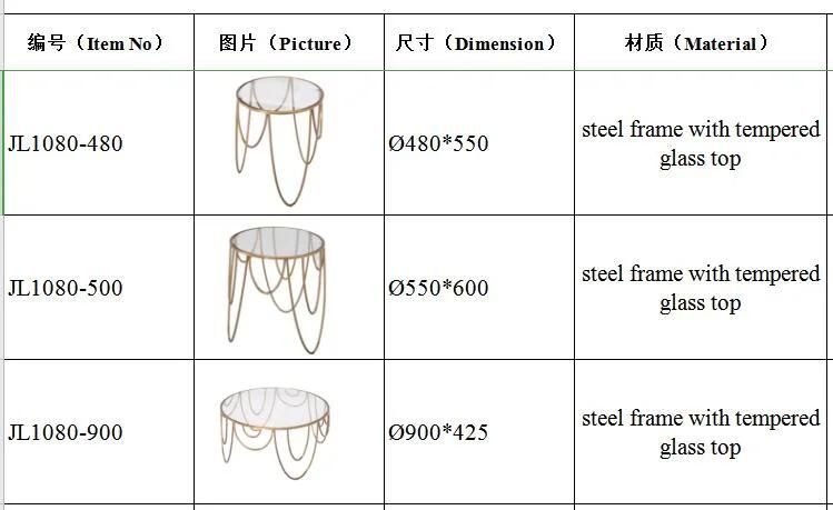 Design Wedding Furniture Round Glass Top Stainless Steel Center Table Coffee