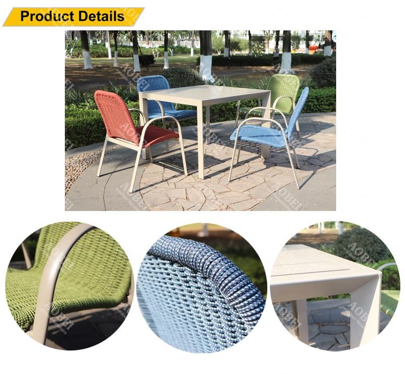 Modern Outdoor Exterior Garden Home Hotel Patio Restaurant Bistro Rope Dining Chair Furniture with Teak Table Top