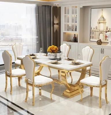 Factory Home Furniture White Marble Top Dining Table Modern Restaurant Furniture Stainless Steel Dining Table Set