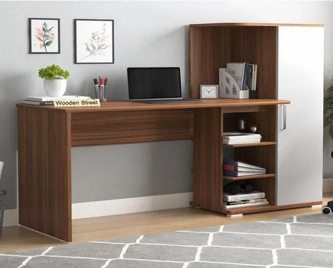 Side High Quality Cheap Modern Design Wooden Office Desk Computer Desk Study Desk White Walnut with Shelf