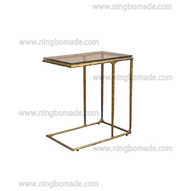 Thaddeus Sculptural Forged Collection White Tempered Glass Top Light Brass Solid Metal Base Sofa Table