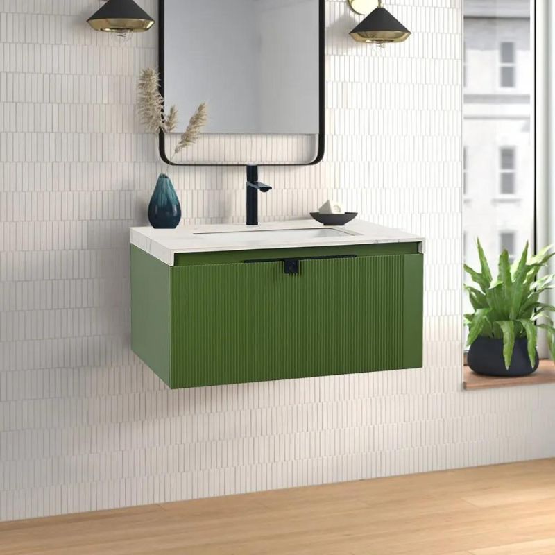 35" Modern White & Black Wall Mounted Bathroom Vanity with Integral Stone Sink