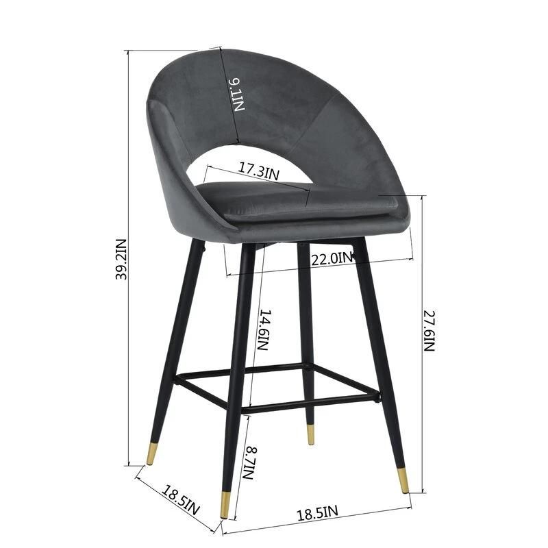 Modern Grey Upholstered Pub Home Kitchen Velvet Fabric Fixed Seat Round High Bar Chair Stool with Back Rest