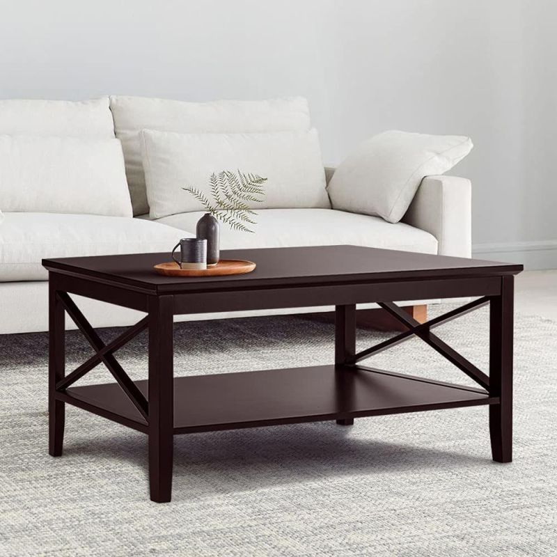 Coffee Table, Black Wood Living Room Table with Shelf, 40 Black