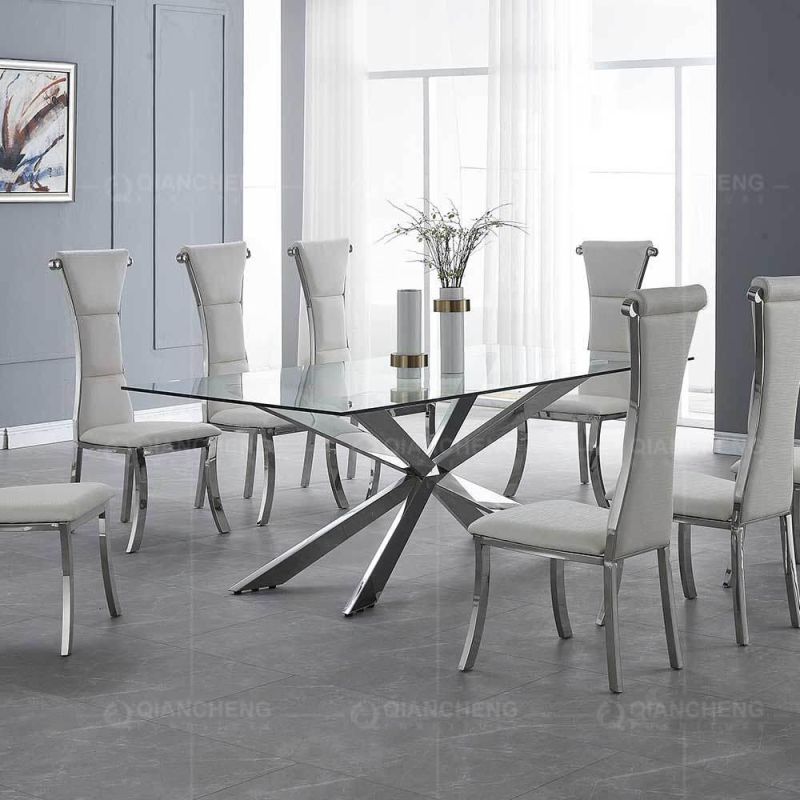 Modern Furniture Dining Table Chairs Sets Meja Makan Stainless Steel Mesas De Comedor Glass Top Dining Table