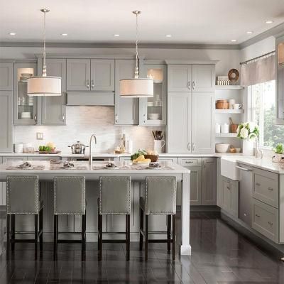 Modern Home USA Gray Color Oak Solid Wood Kitchen Cabines Design American Style Grey Lacquer Shaker Kitchen Cabinet