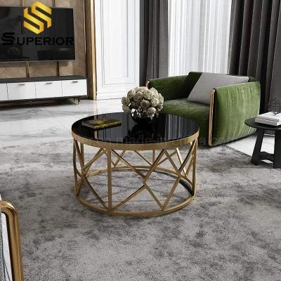 French Style Gold Steel Coffee Table with Black Glass