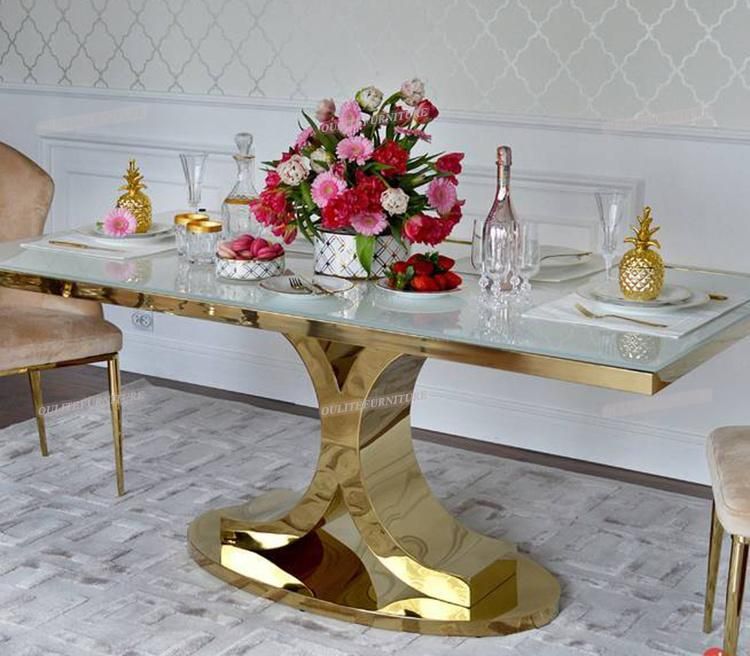 X Shape Stainless Steel Golden Legs Glass Top Dining Table