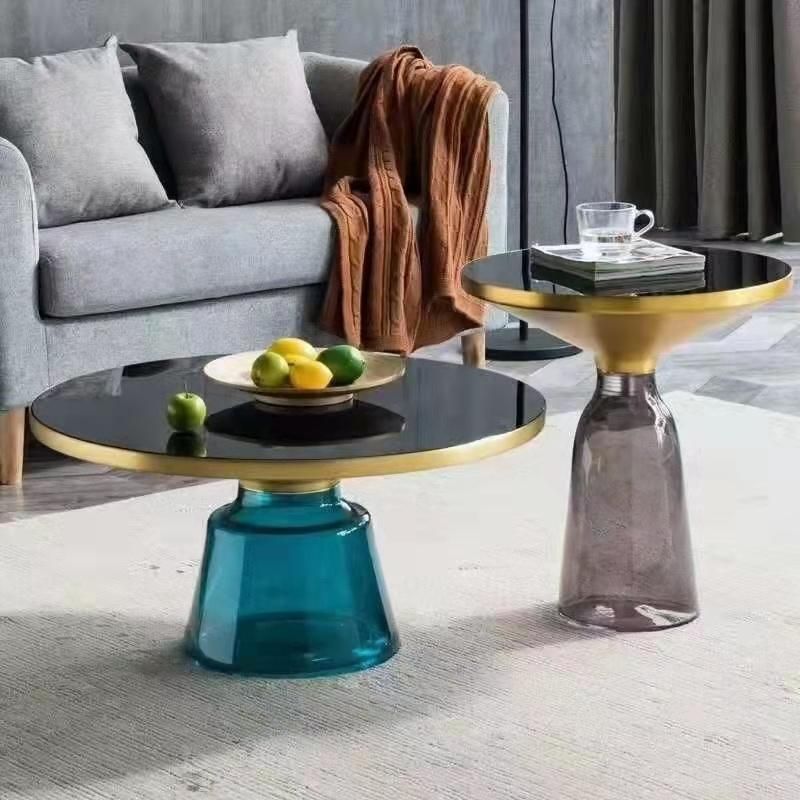 Italian Modern Luxury Golden Stainless Steel Top Color Glass Big Round Bottle Centre Coffee Table for Dining Room