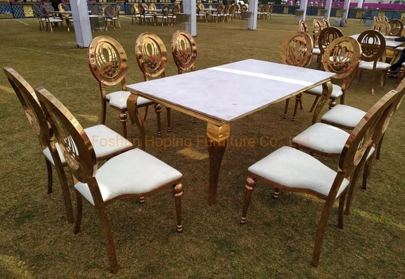 Simplicity White Clear Glass and Marble Top Metal Base Wedding Chair Set Dining Table