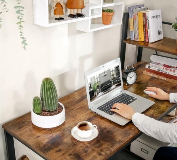 Home Office Industrial Style Rustic Brown 55 Inch Writing Desk Wooden Computer Desk with Bookshelf Bookcase