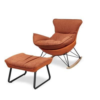 Modern Living Room Furniture Orange Grey Leisure Chair Soft Cushion Leather Fabric Rocking Chair with Footrest Wood Base