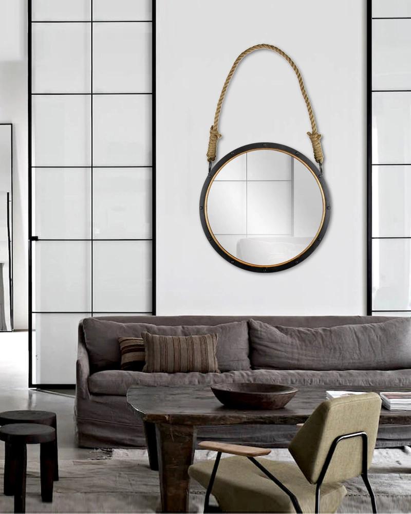 Small Round Wall Mirror Metal Framed for Bathroom and Home Decor Matt Black Finished and Rope Handles